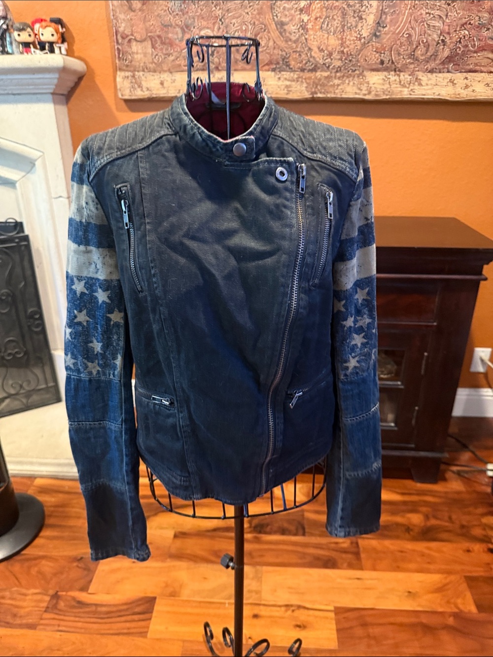 Size 6 Free People Women's Denim Moto Jacket with Star-Pattern Sleeves